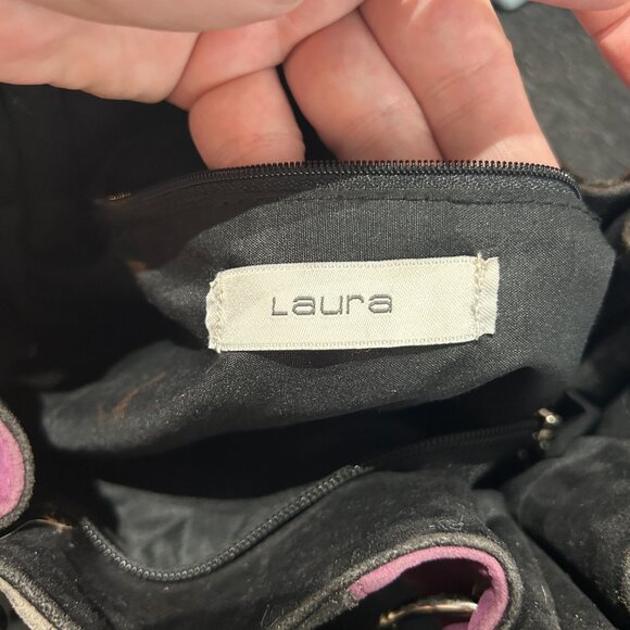 Laura Black Suede Slouchy Hobo Bag Purse Bucket Style Silver Hardware Striped - Picture 7 of 7